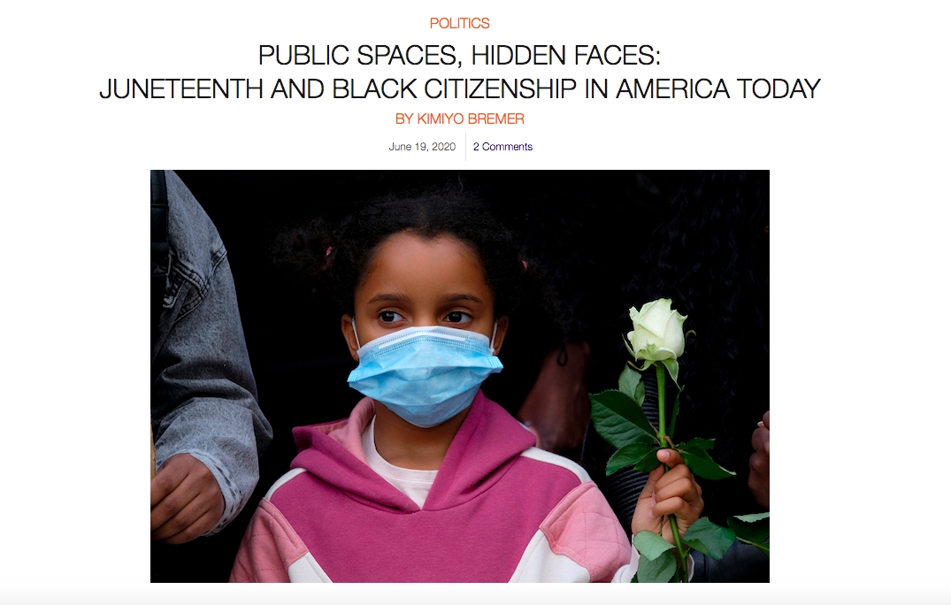 Screenshot of headline with image of young black girl in pink sweatshirt and blue facemask holding a white rose in her left hand